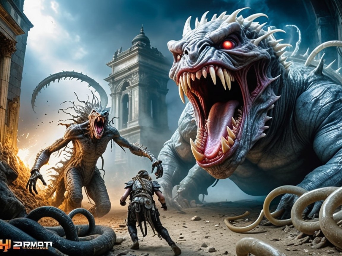 Warrior Confronts Serpentine Monster and Dragon in Ruins