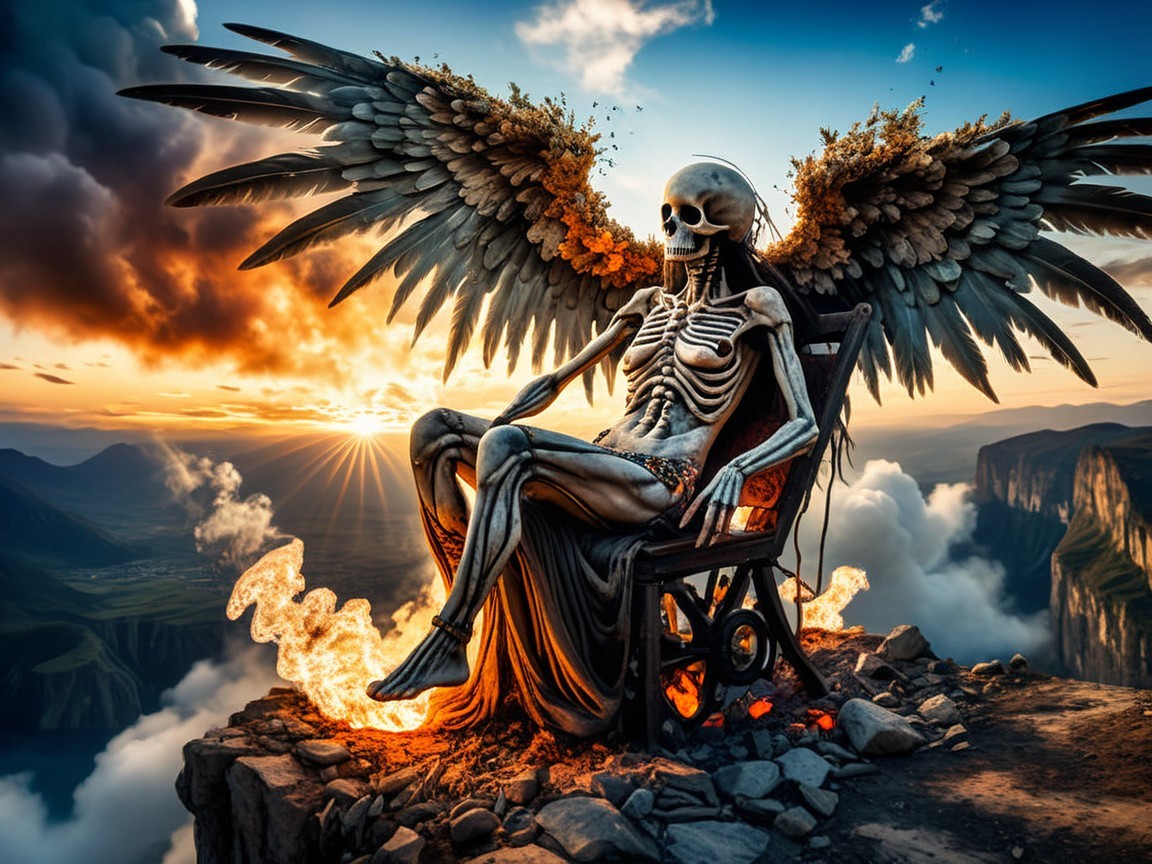 Skeletal Figure with Wings on Throne at Sunset