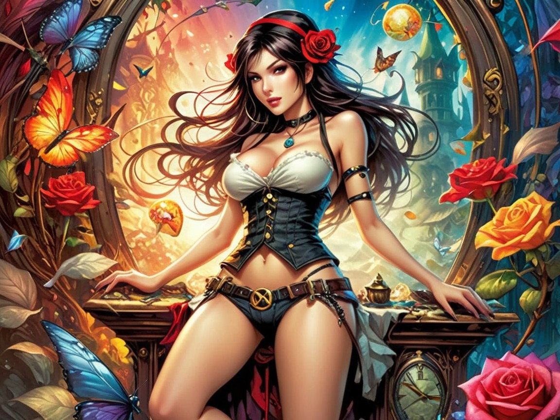 Fantasy Scene with Woman, Roses, and Magical Landscape