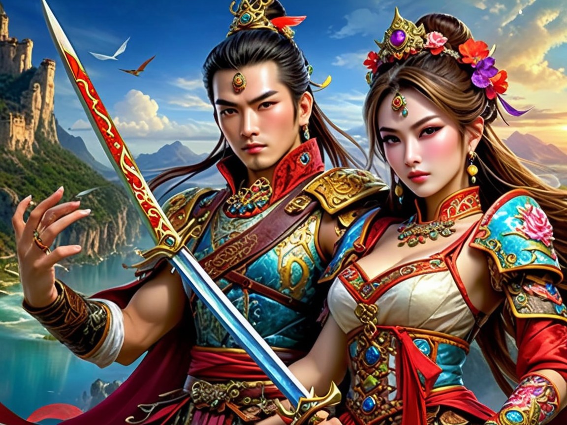 Heroic Figures in Armor Against Lush Landscape