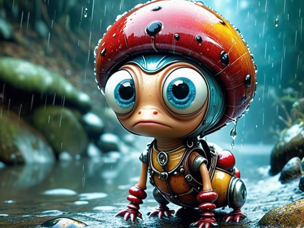 Whimsical Snail-Like Creature in Rainy Forest Scene