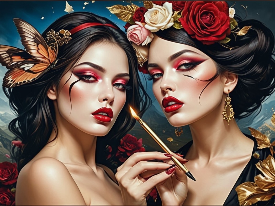 Two Women with Dramatic Makeup and Floral Elements