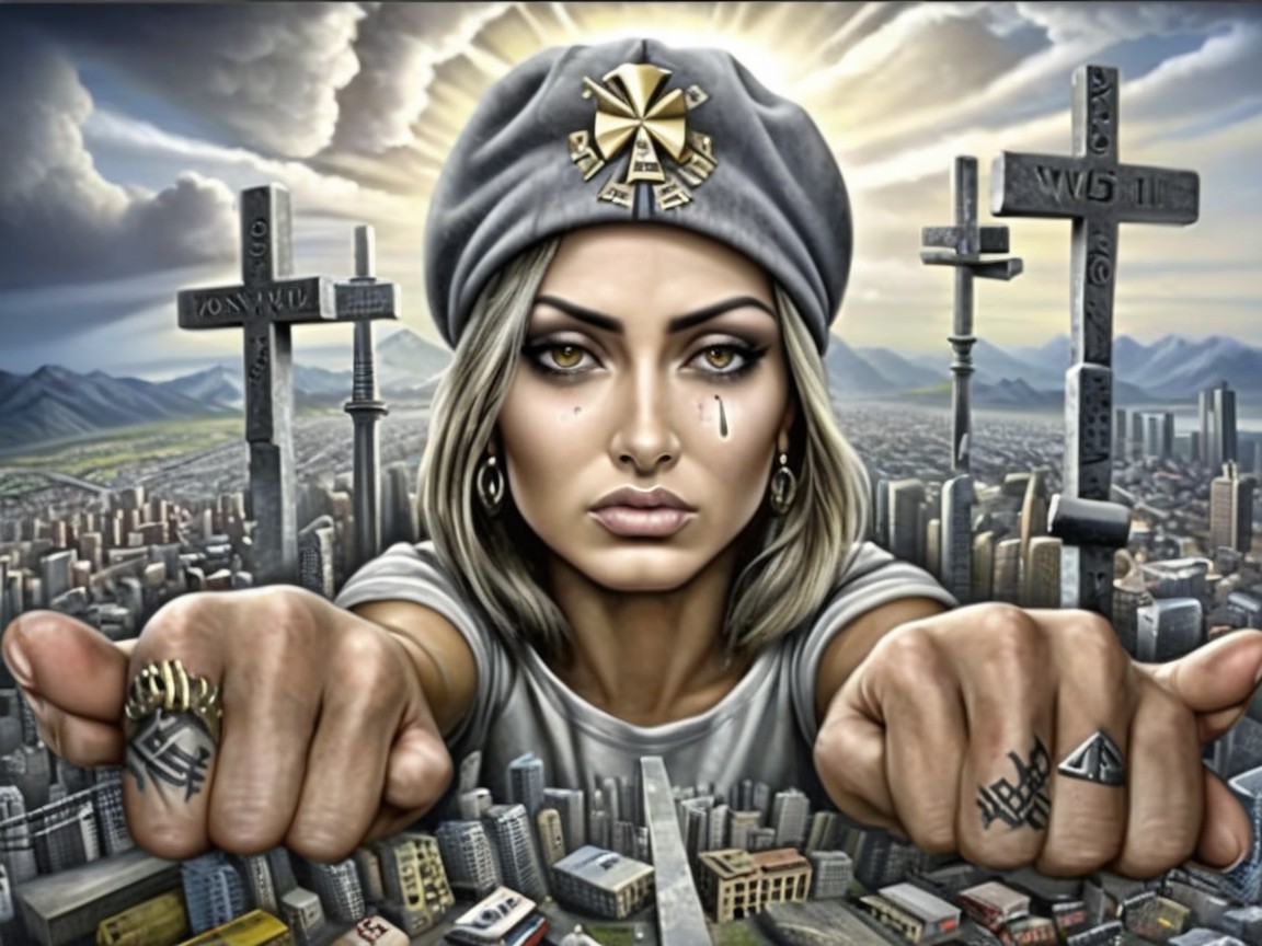 Silver-Haired Warrior in Urban Landscape