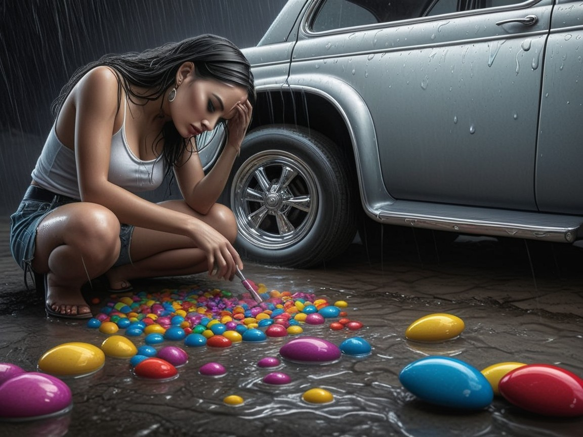 Woman arranging colorful eggs by a vintage car in rain