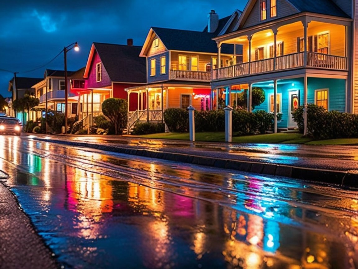 Vibrant Nighttime Street Scene with Colorful Houses
