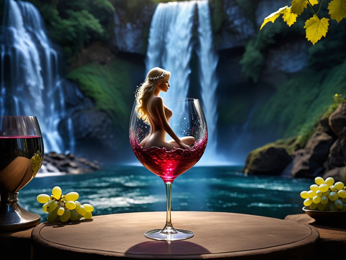Glass with Red Liquid and Serene Natural Setting