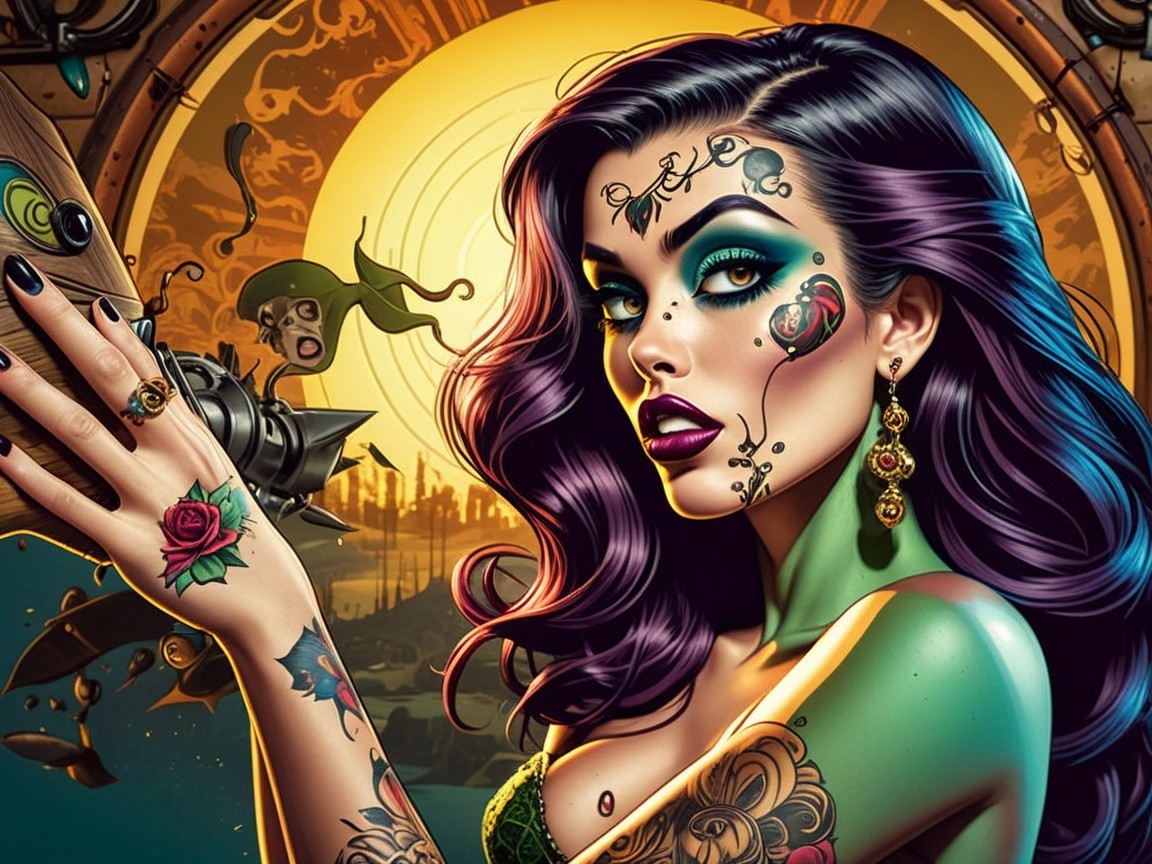 Vibrant Green-Skinned Woman with Steampunk Device