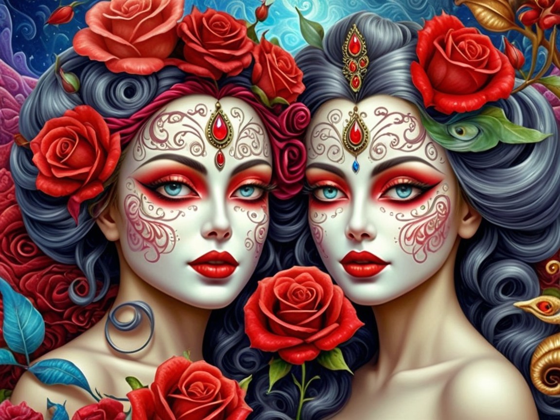 Women with Intricate Makeup and Red Roses in Background