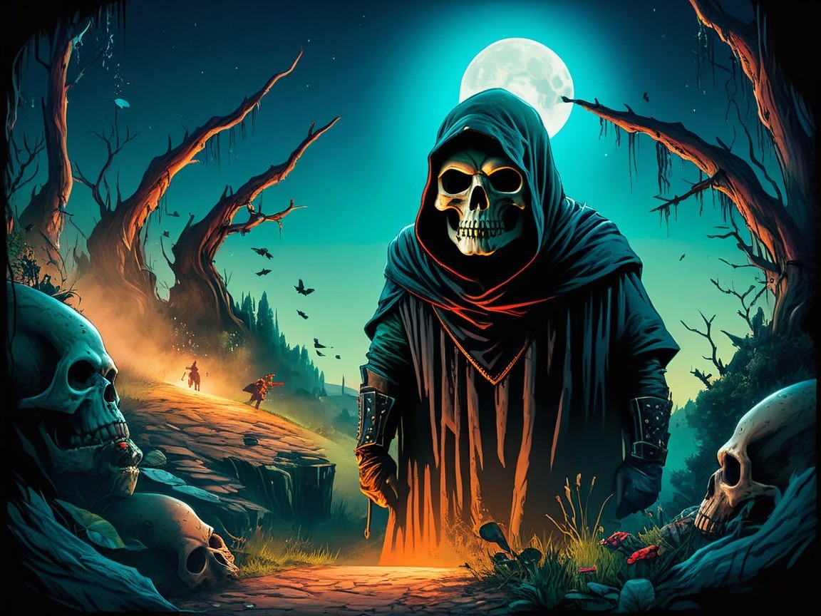 Eerie Landscape with Cloaked Figure and Misty Path