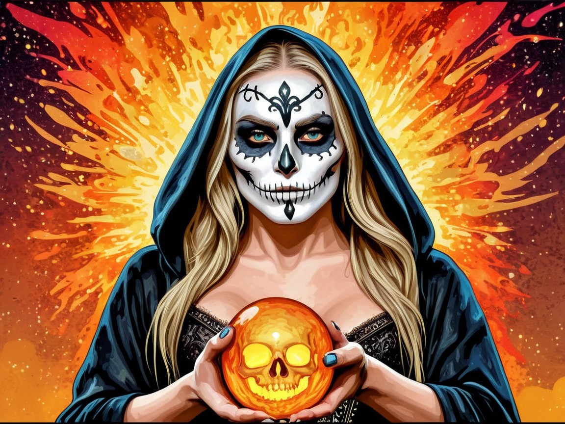 Figure with Skull Face in Fiery Background