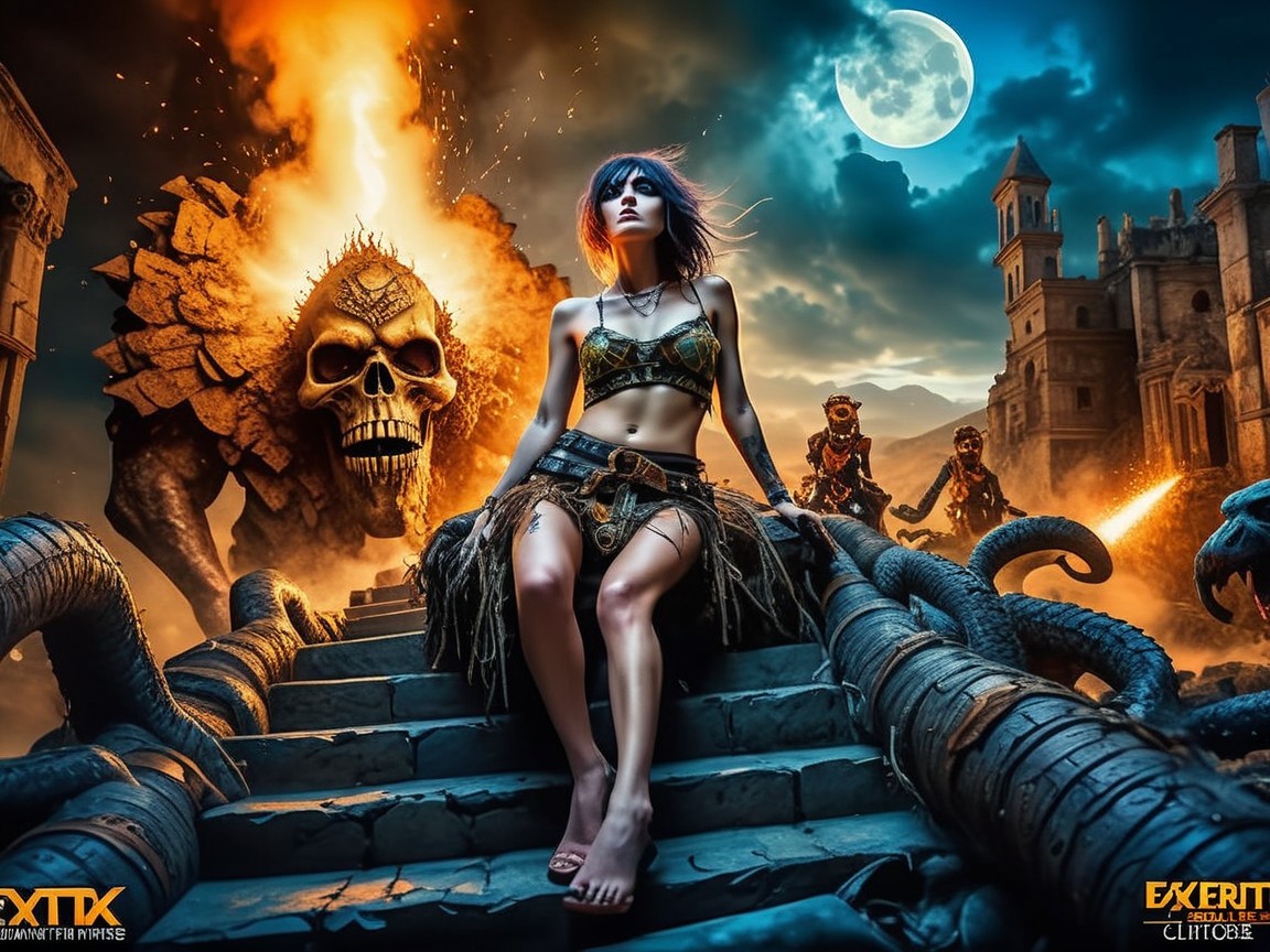 Warrior Woman on Stone Steps in Fiery Landscape