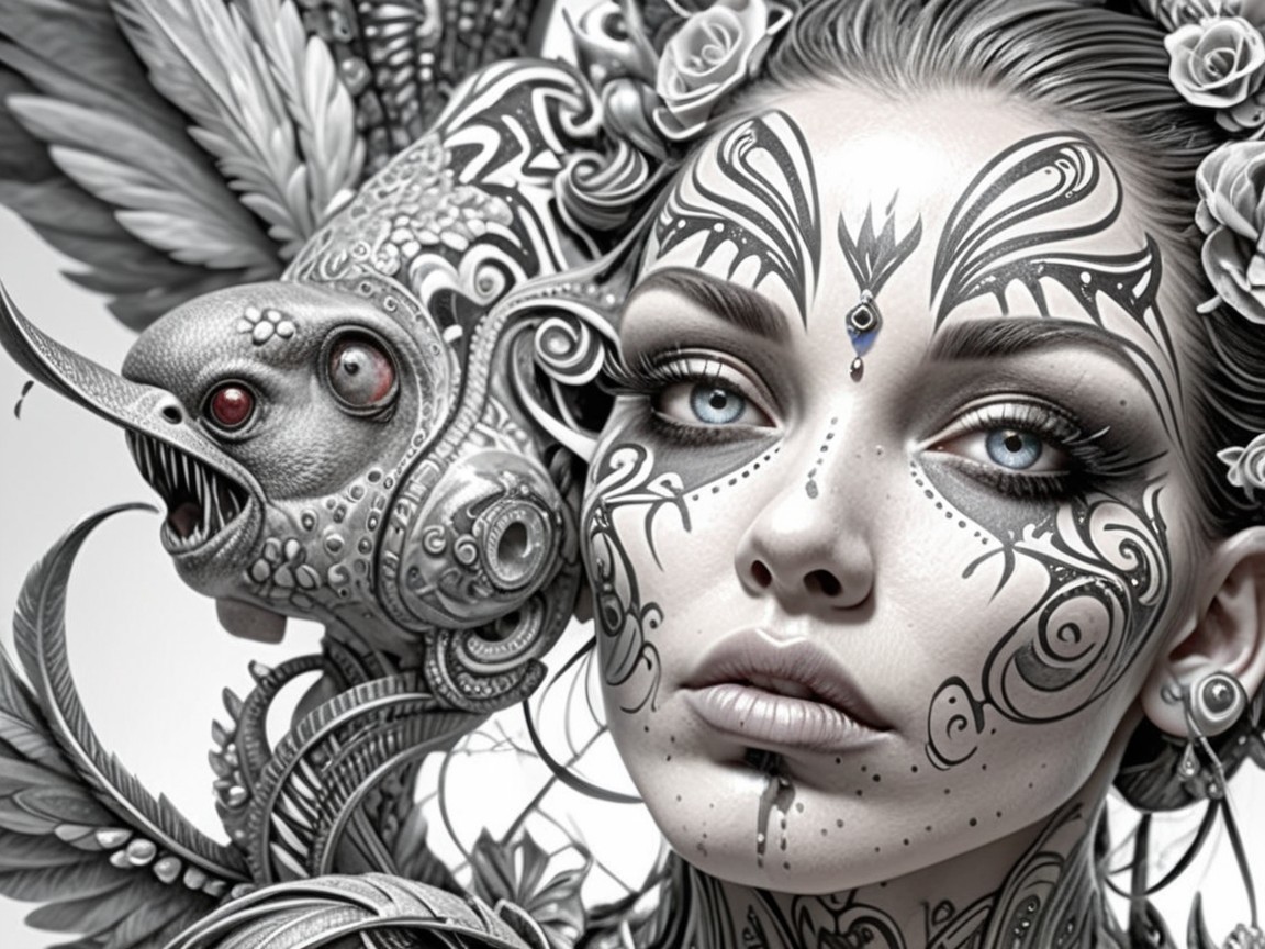 Close-Up of Woman's Face with Tribal Tattoos and Nature