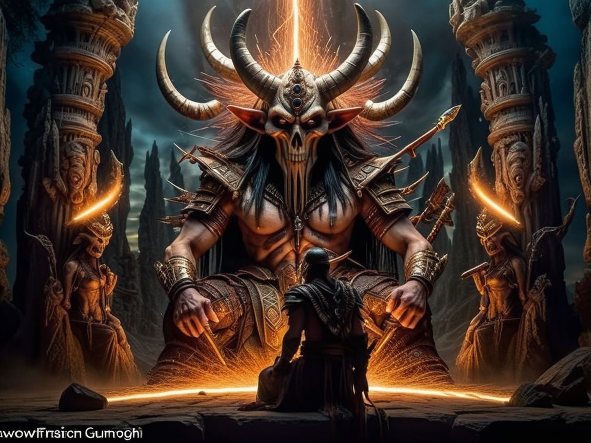 Horned Figure on Throne Amidst Ancient Ruins