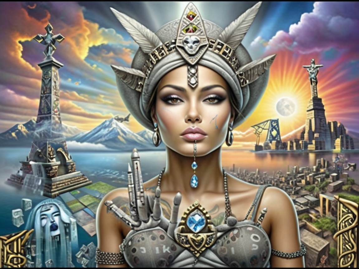 Futuristic Female Figure in Intricate Armor Against Landscape