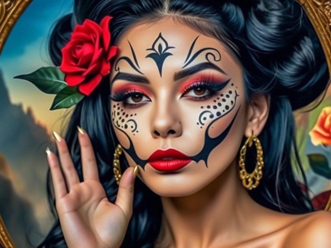 Portrait of a woman with intricate face paint and bold lips