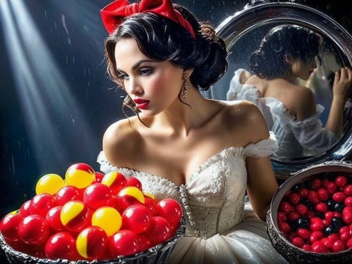 Glamorous Woman in Vintage Gown and Colorful Bowls
