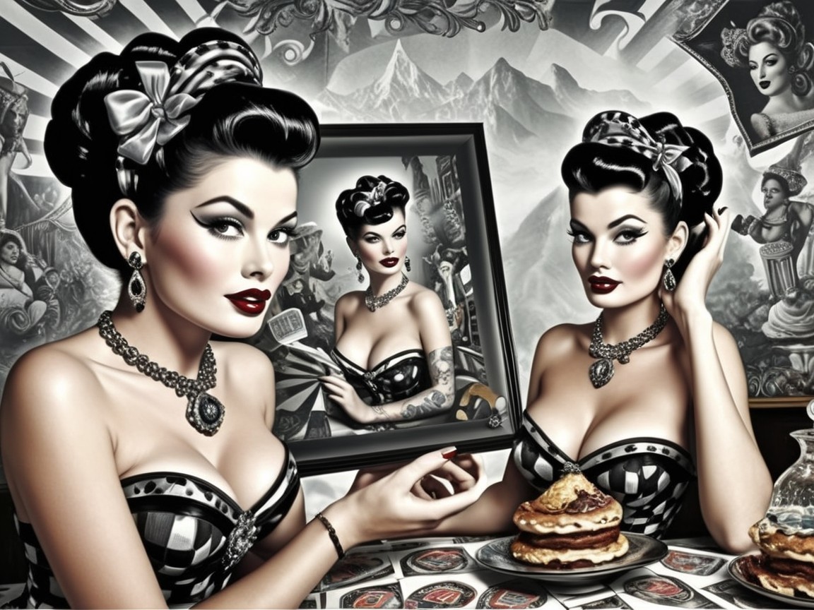 Vintage Scene with Glamorous Woman and Desserts