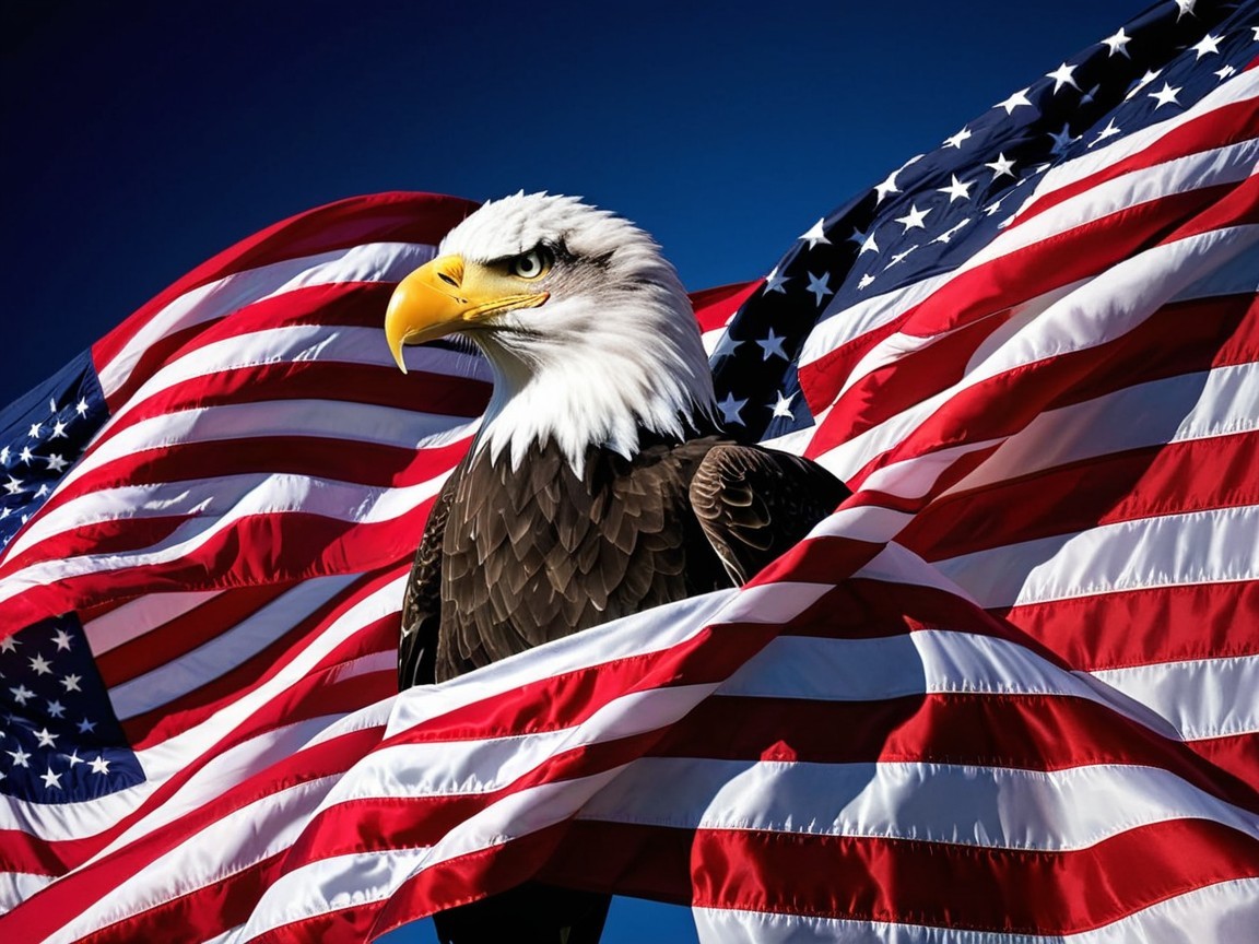 Bald Eagle Against Flowing American Flags Background