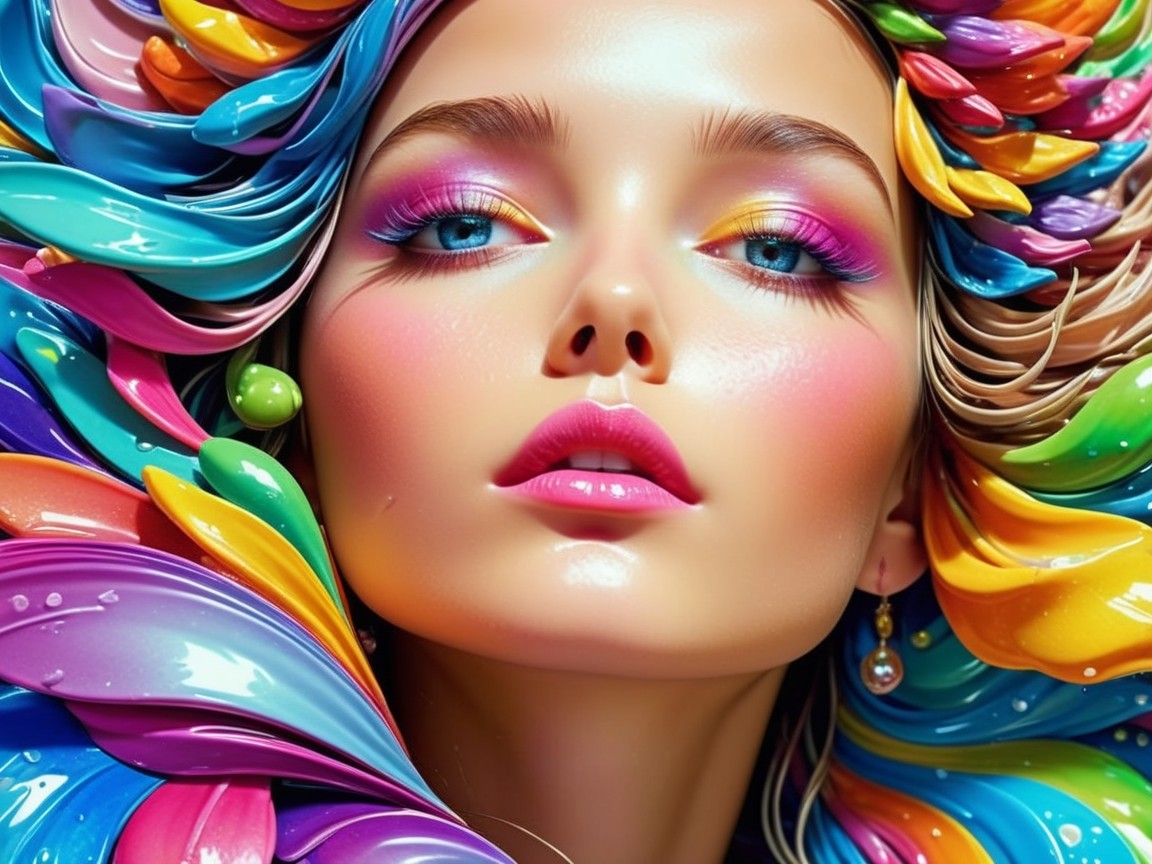 Vibrant Portrait of a Woman with Colorful Hair and Makeup