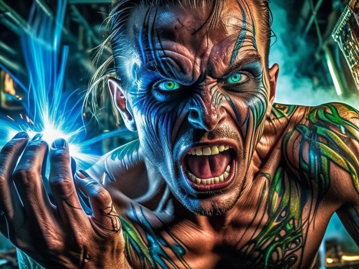 Fierce Man with Facial Tattoos and Glowing Orb