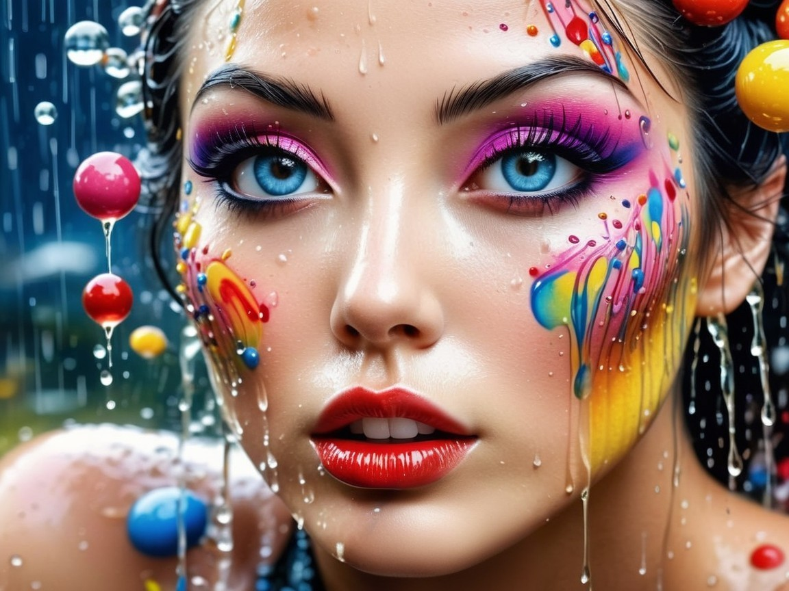 Close-up of a woman with colorful rainbow face paint