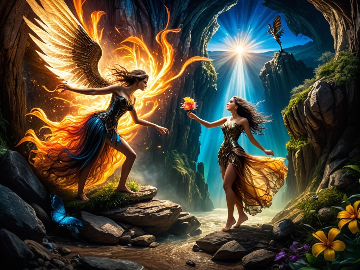 Mystical Cave with Enchanting Figures and Nature Elements