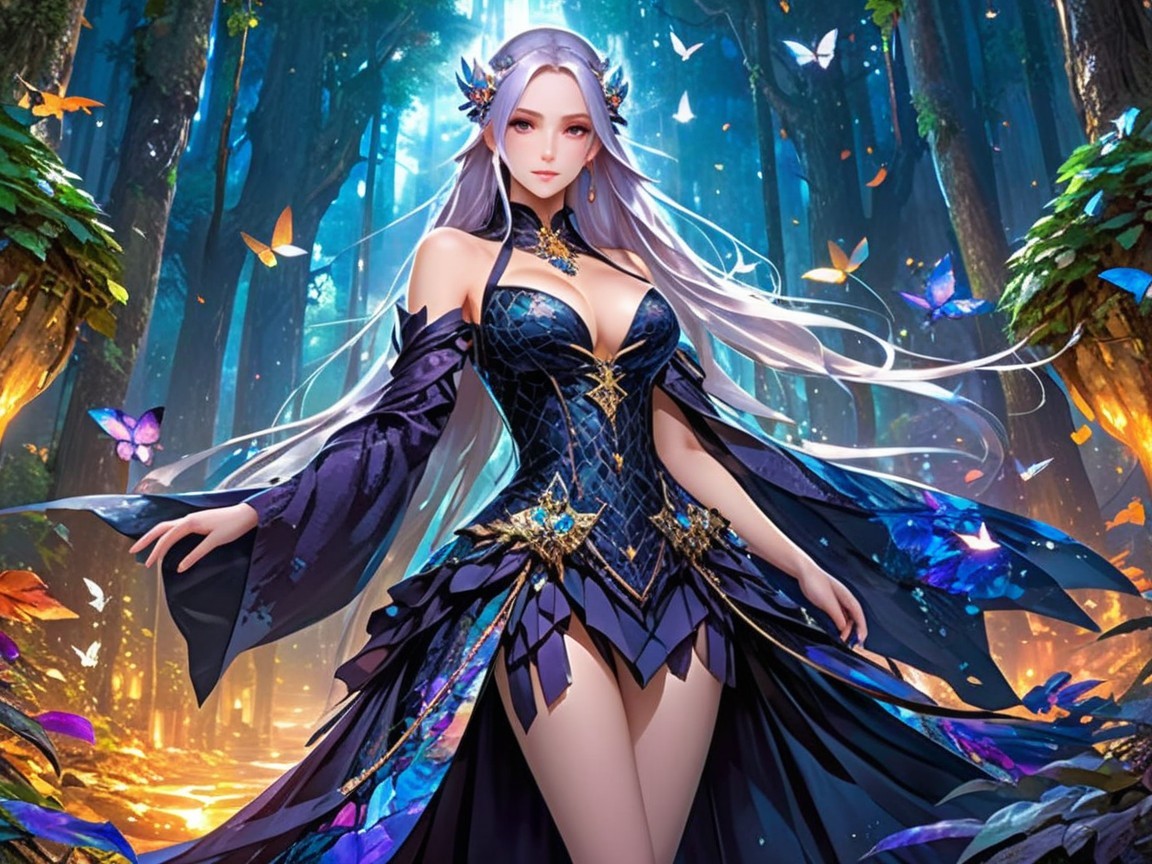 Mystical Figure in Enchanting Forest with Butterflies
