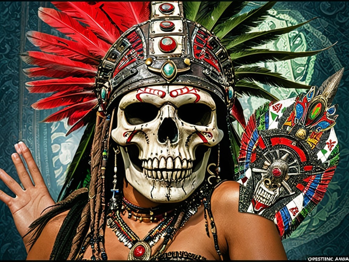 Portrait of a figure with a feathered headdress and mask