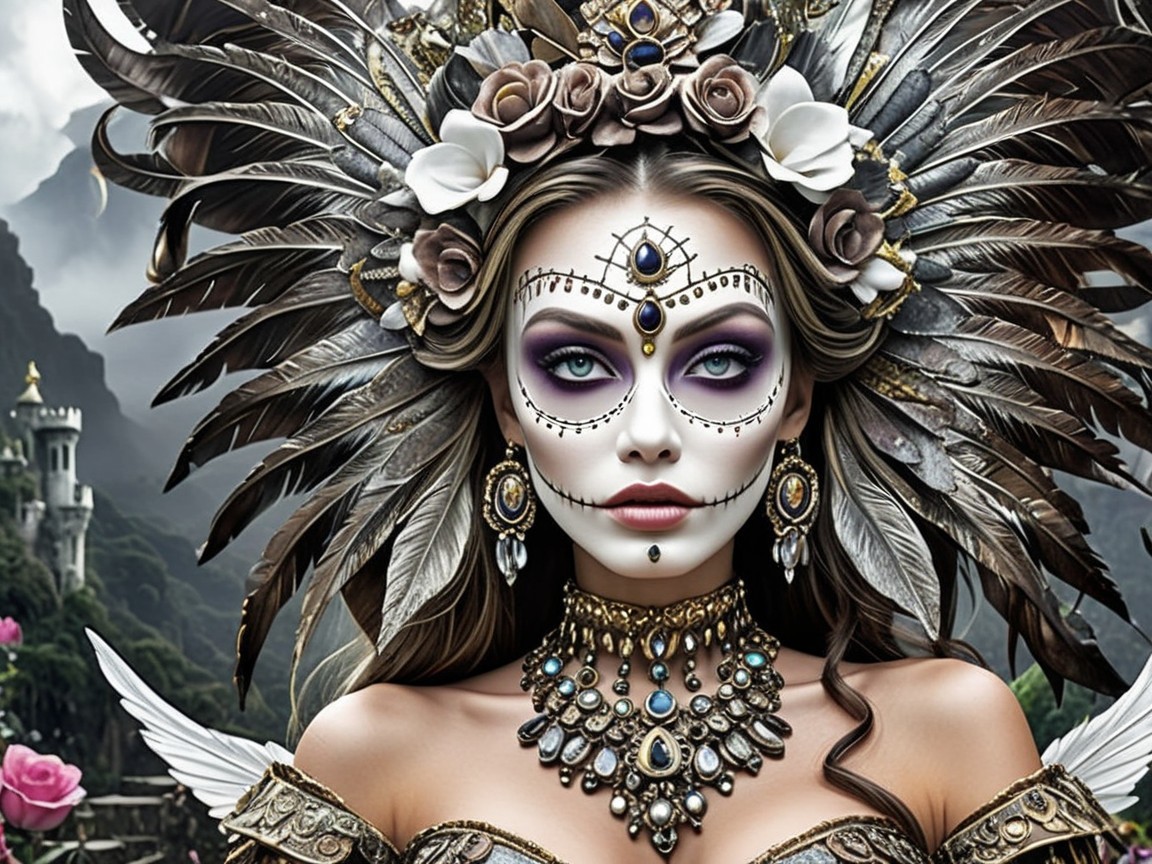 Elaborate Feathered Headgear and Fantasy Landscape