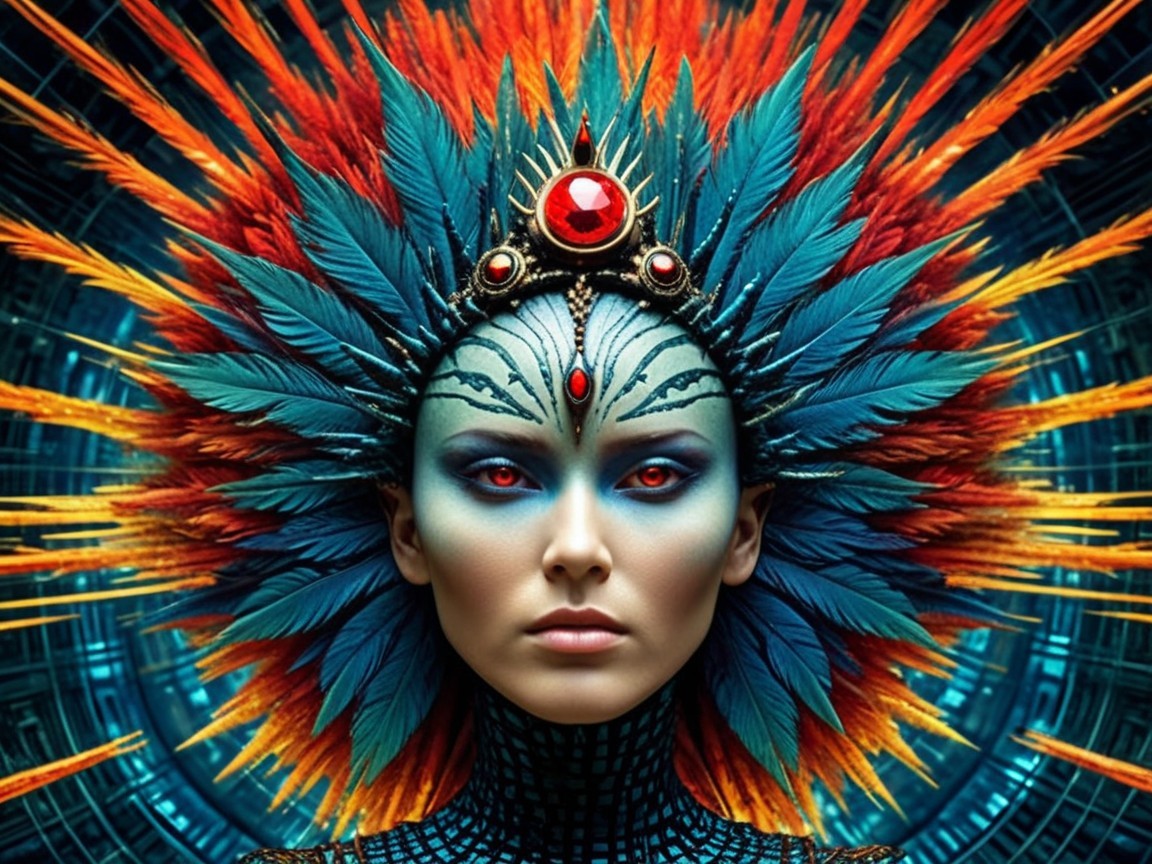 Portrait of a Woman with Colorful Feather Headdress
