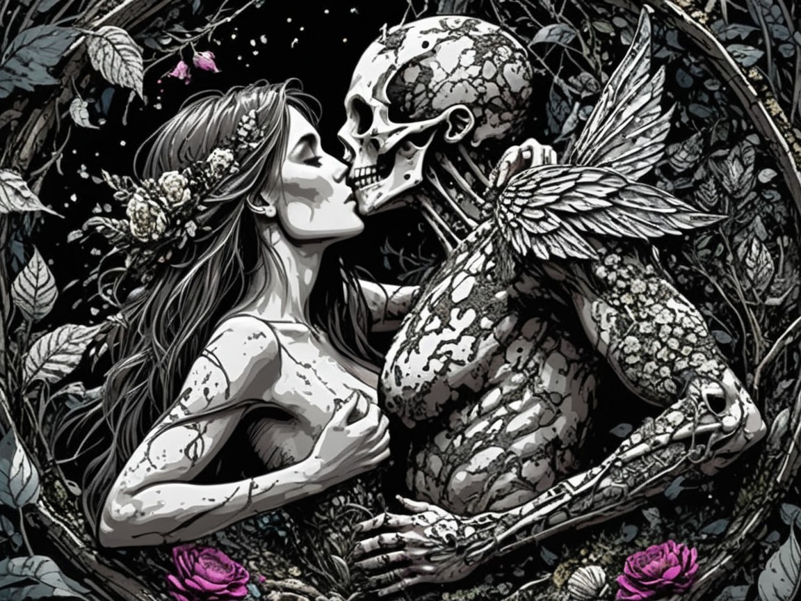 Skeletal Figure Embracing Floral Adorned Woman