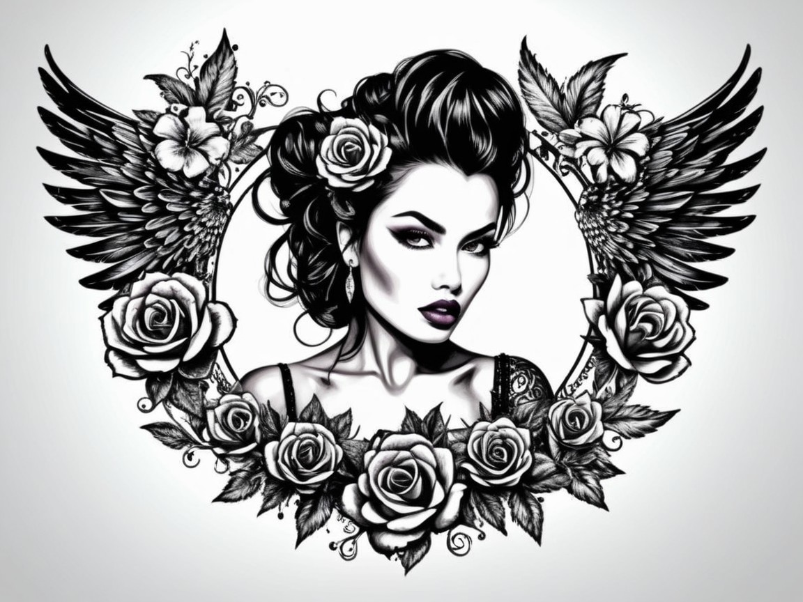 Black and White Illustration of a Woman with Flowers