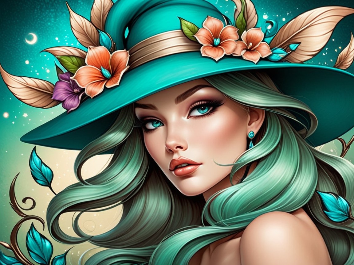 Woman with Teal Hair and Turquoise Hat in Dreamy Scene