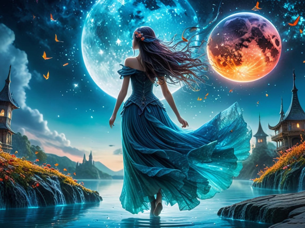 Mystical scene of a woman by a serene lake at night