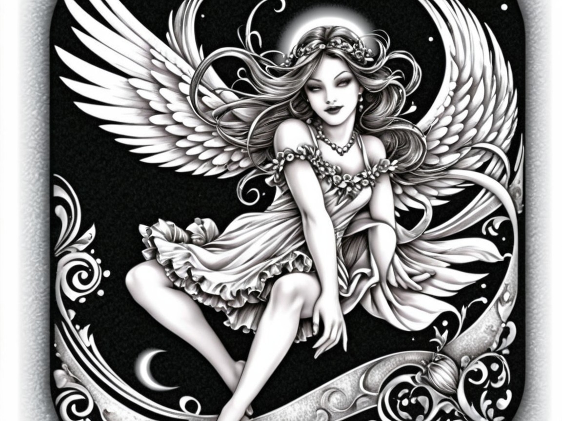 Detailed Black and White Illustration of an Angelic Figure
