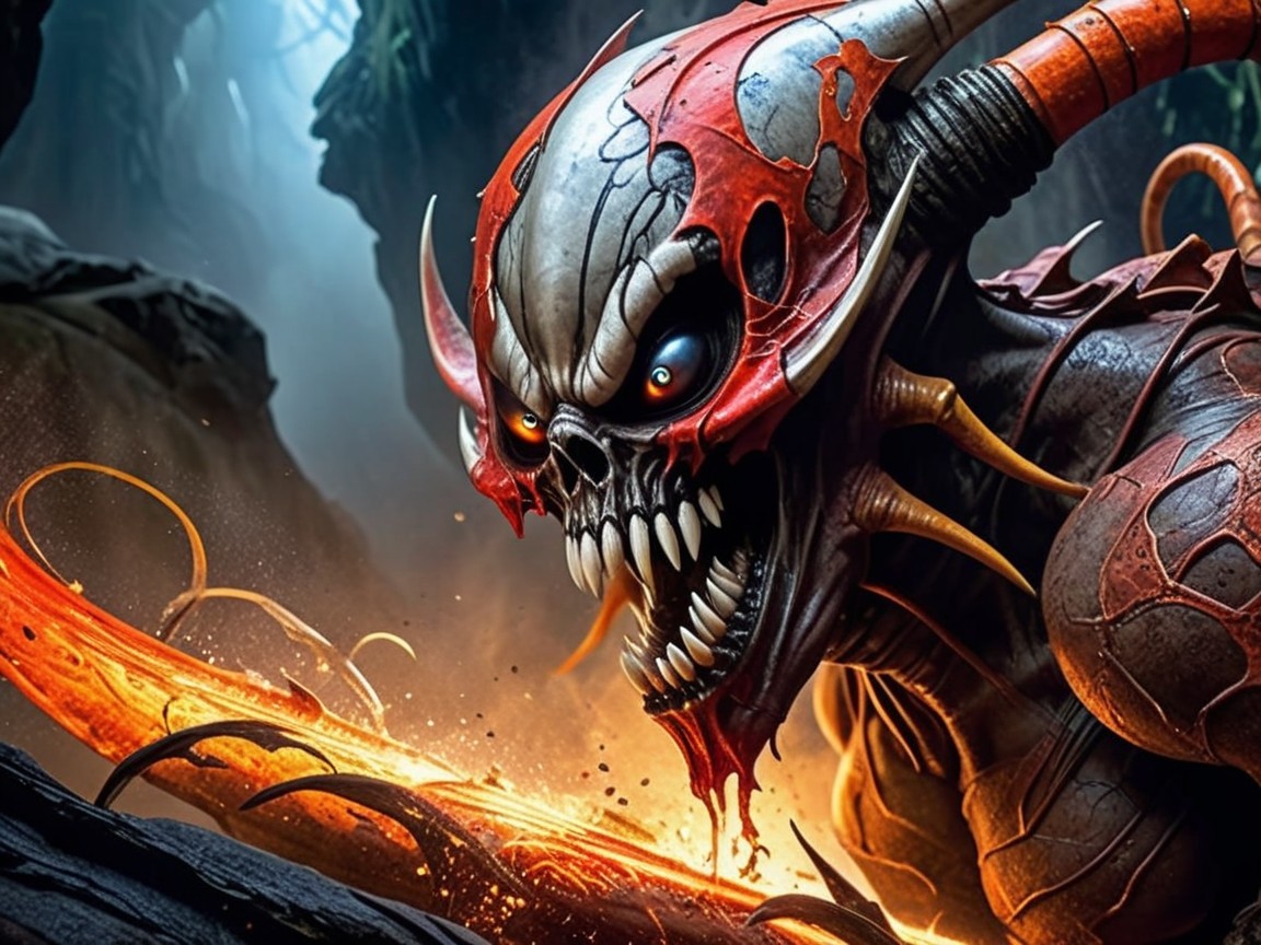 Monstrous creature with skull face and fiery sword
