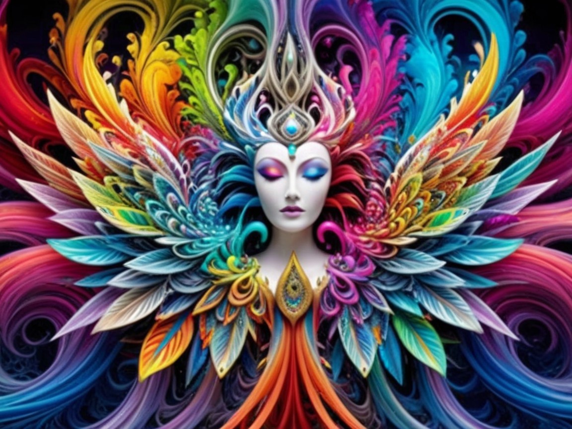 Vibrant Figure Surrounded by Colorful Patterns