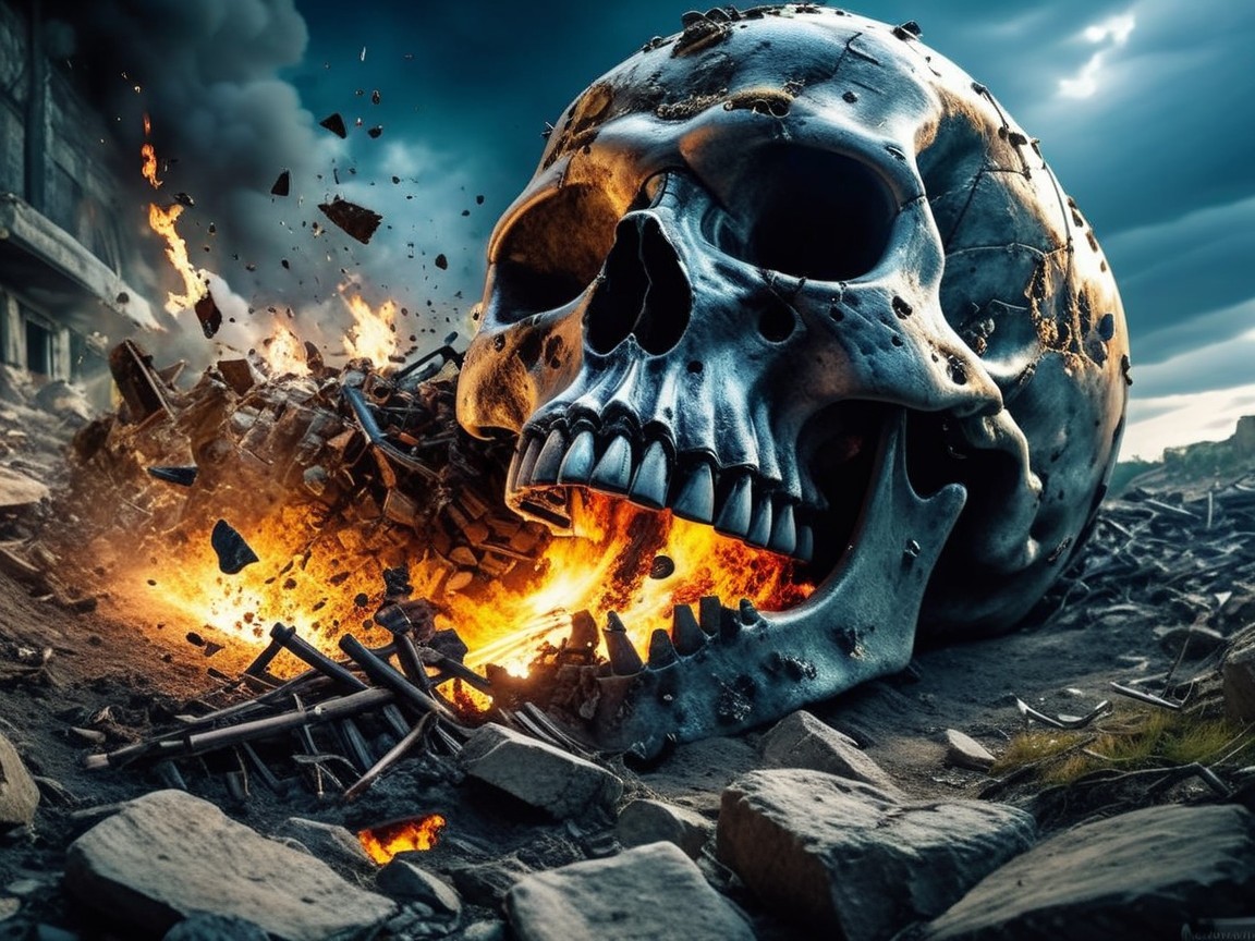 Metallic skull amid chaotic landscape with flames