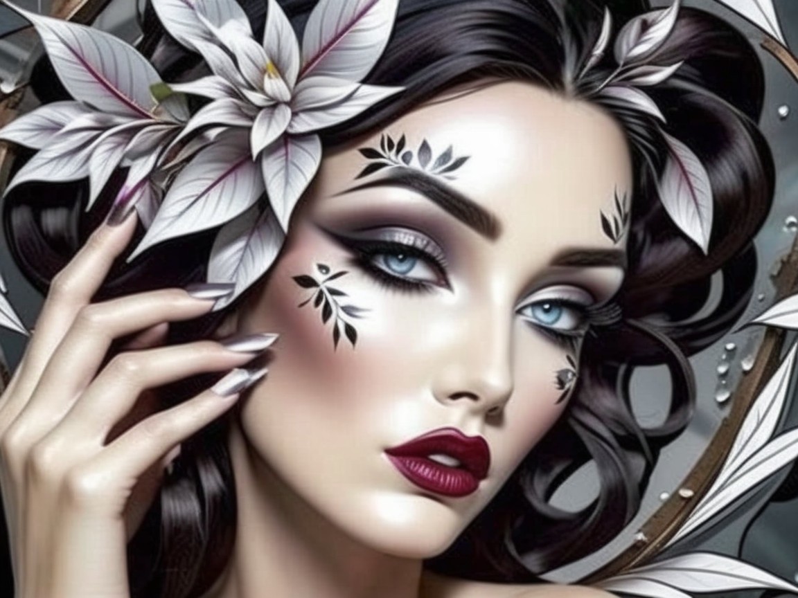 Portrait of a woman with dramatic makeup and flowers