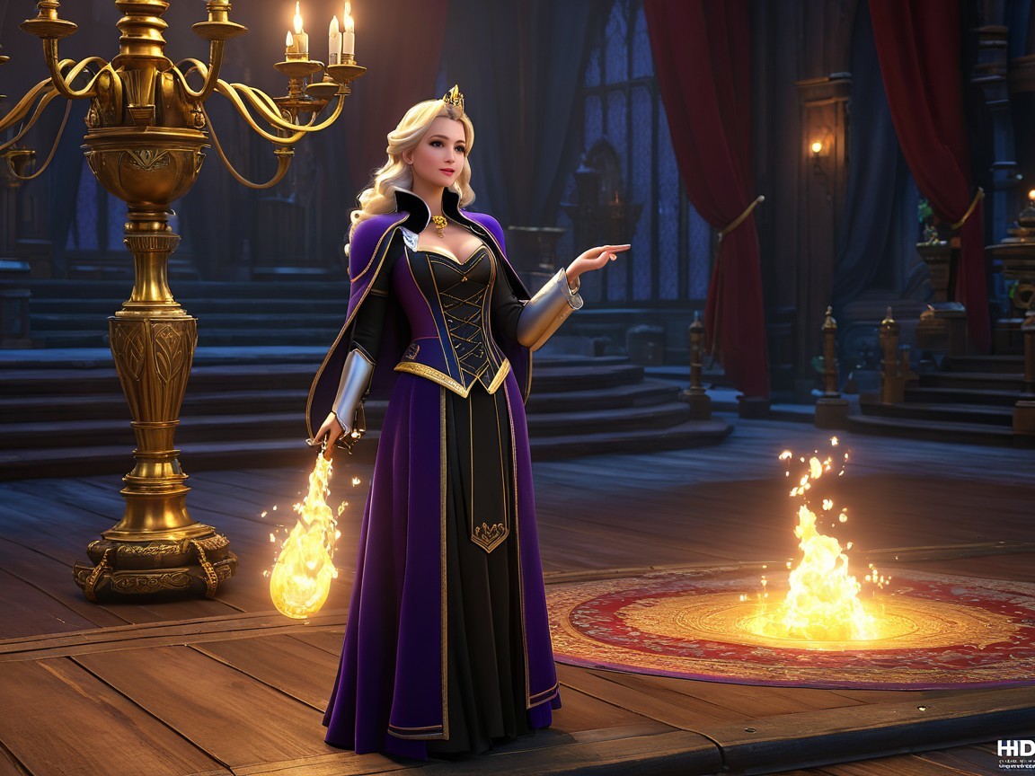 Regal figure in opulent room with glowing orb