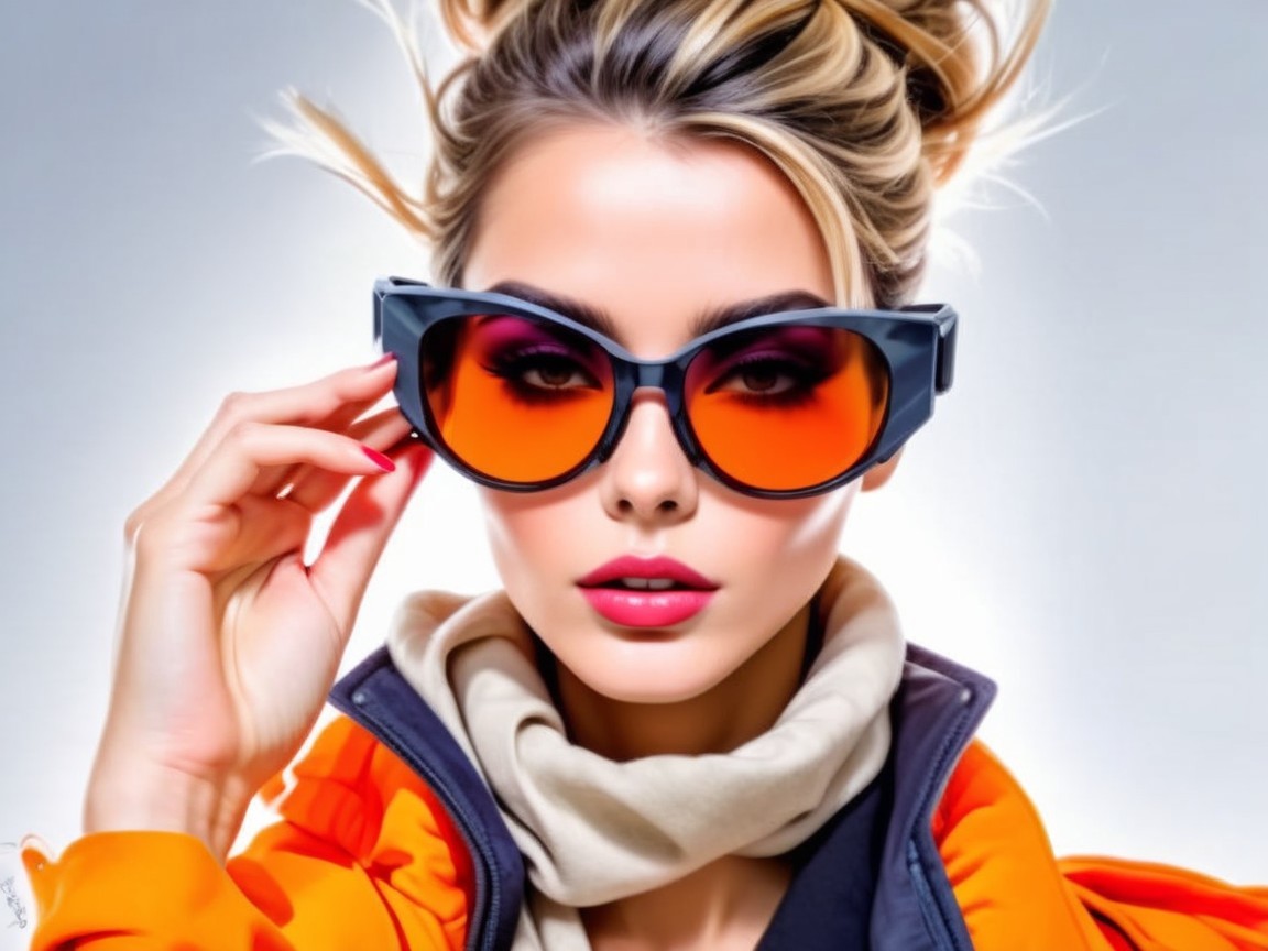 Stylish woman in orange jacket and oversized sunglasses