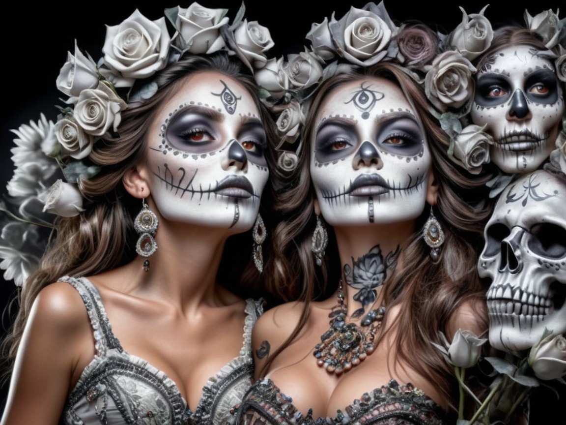 Elegant Women in Day of the Dead Makeup and Florals