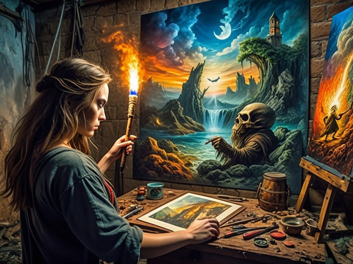 Young Woman in Studio with Mystical Paintings