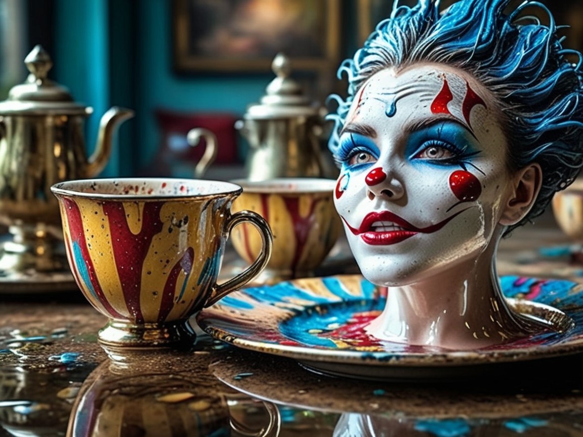 Clown-Themed Head Sculpture with Colorful Teapots