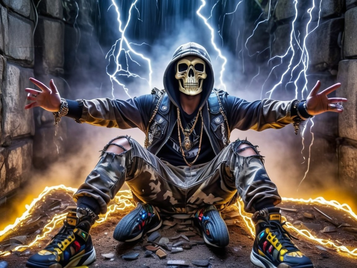 Figure in Skull Mask with Edgy Fashion Elements