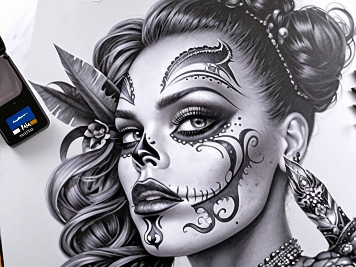 Black and White Portrait of Woman with Sugar Skull Makeup