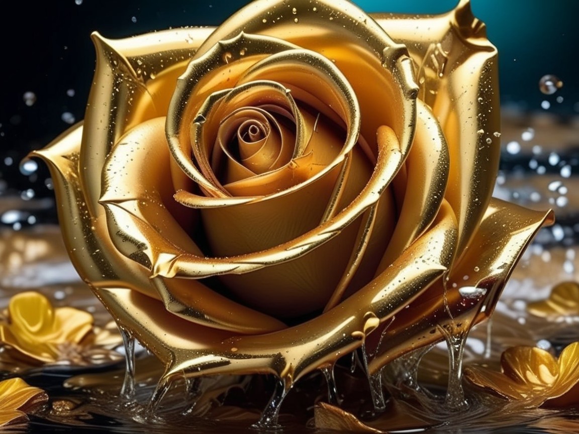 Gold Rose on Shimmering Surface with Water Droplets