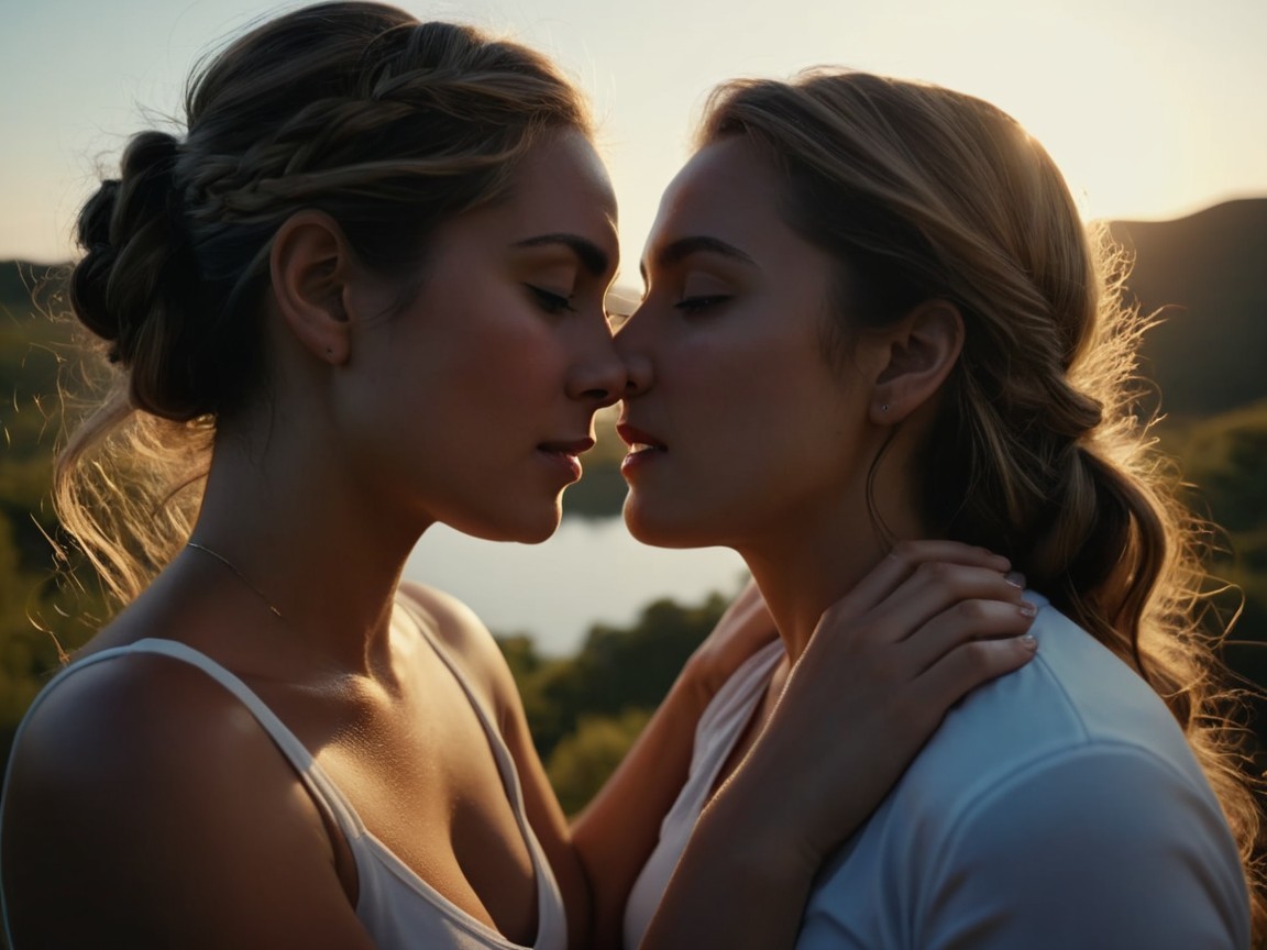 Intimate moment between two women at sunset