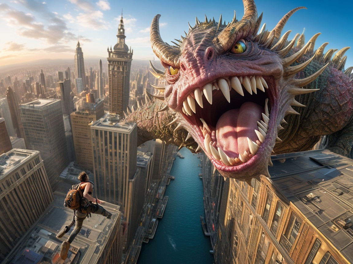 Colossal dragon roars over a vibrant cityscape at sunset