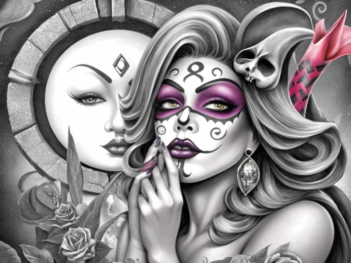 Woman with Sugar Skull Makeup and Moonface Background
